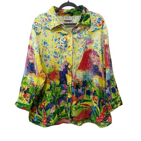 Michael Leu Tops - Michael Leu Button Down Shirt Women 3X Multicolor Abstract Art Sequin Cotton